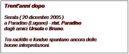 Casella di testo: Trent'anni dopo

Serata ( 20 dicembre 2005 )
a Paradiso (Lugano) - rist. Paradiso
dagli amici Ursula e Bruno.

Tra raclètte e fondue spuntano ancora delle 
buone interpretazioni.
